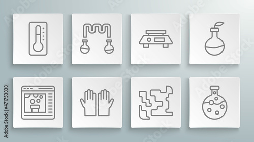 Set line Chemical online, Test tube and flask, Medical rubber gloves, Gaseous, Electronic scales, Plant breeding and thermometer icon. Vector