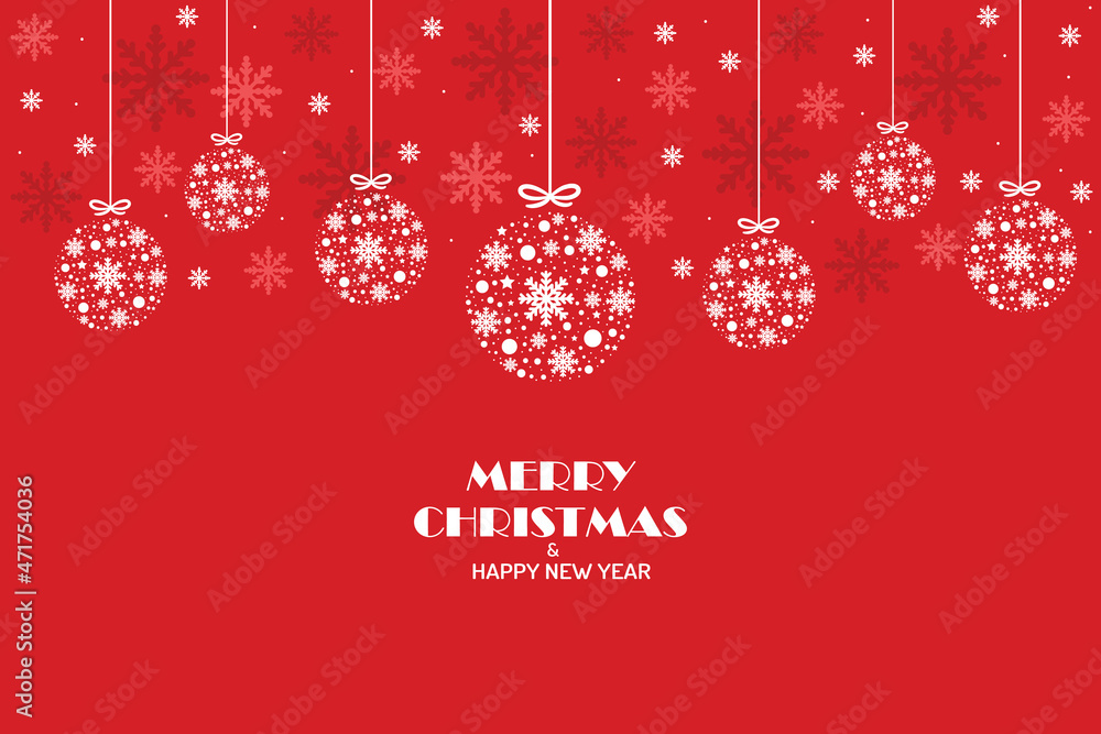 Red Christmas background with balls hanging decorations. Vector design of winter holidays. Merry Christmas and Happy New Year greeting card. Red Christmas background with balls hanging decorations. Vector design of winter holidays. Merry Christmas and Happy New Year greeting card.
