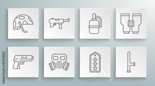 Set line Pistol or gun, Submachine M3, Gas mask, Military rank, Police rubber baton, Hand grenade, Binoculars and helmet icon. Vector