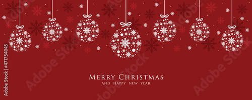  Christmas banner with balls hanging. Vector design of winter holidays on red background. Merry Christmas and Happy New Year greeting card.