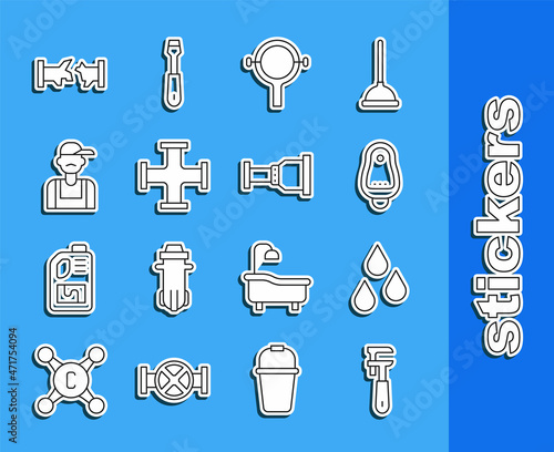 Set line Pipe adjustable wrench, Water drop, Toilet urinal or pissoir, Filter, Industry metallic pipe, Plumber, Broken and adapter icon. Vector