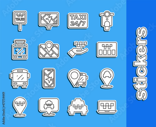 Set line Laptop call taxi service, Location with, Taximeter, Gps device map, Tram and railway, Road sign for stand and Hand icon. Vector