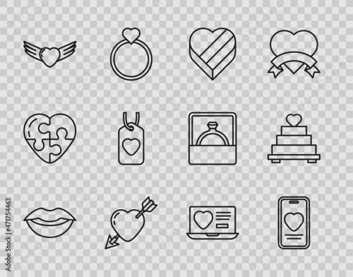 Set line Smiling lips, Online dating app and chat, Candy heart shaped box, Amour with arrow, Heart wings, tag, Dating online and Wedding cake icon. Vector