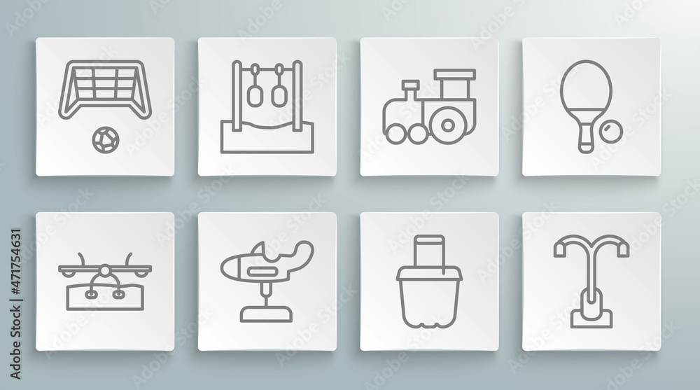 Set line Seesaw, Gymnastic rings, Swing plane, Sand bucket, Street light, Toy train, Racket ball and Soccer goal with icon. Vector Set line Seesaw, Gymnastic rings, Swing plane, Sand bucket, Street light, Toy train, Racket ball and Soccer goal with icon. Vector