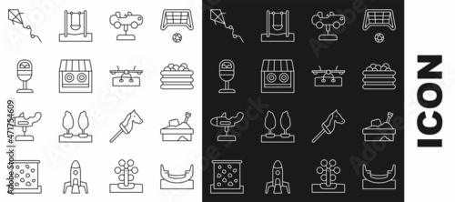 Set line Boat swing, Sandbox with sand, Pool balls, Swing car, Shooting gallery, Trash can, Kite and Seesaw icon. Vector