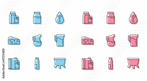 Set line Paper package for milk, Drinking yogurt in bottle, kefir, Udder, Milk jug pitcher, Cheese and Bottle with icon. Vector