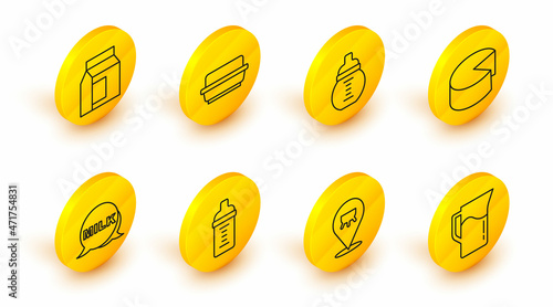 Set line Milk jug or pitcher, Udder, Baby milk in a bottle, Lettering, Cheese, Butter butter dish and Paper package for icon. Vector