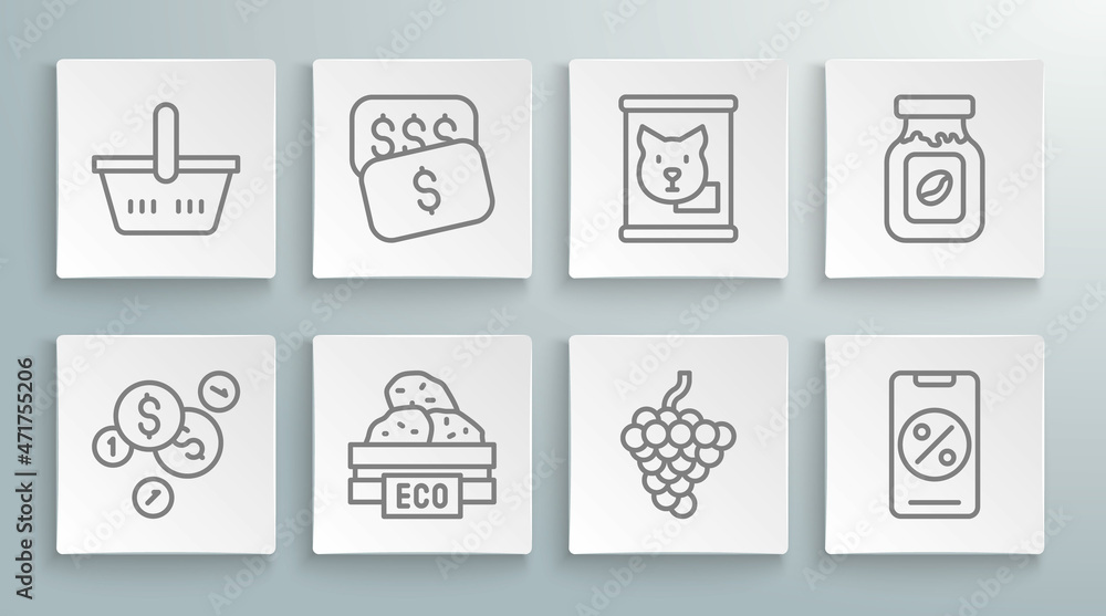Set line Coin money with dollar, New price tag, Wooden box for fruits, Grape, Percent discount and mobile, Canned food, Coffee jar bottle and Shopping basket icon. Vector Set line Coin money with dollar, New price tag, Wooden box for fruits, Grape, Percent discount and mobile, Canned food, Coffee jar bottle and Shopping basket icon. Vector