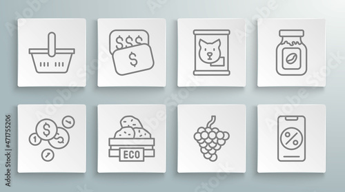 Set line Coin money with dollar, New price tag, Wooden box for fruits, Grape, Percent discount and mobile, Canned food, Coffee jar bottle and Shopping basket icon. Vector