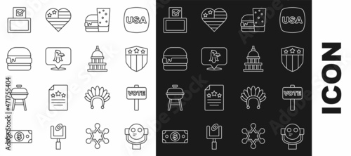 Set line Tourist binoculars, Vote, Shield with stars, Burger, Eagle, box and White House icon. Vector
