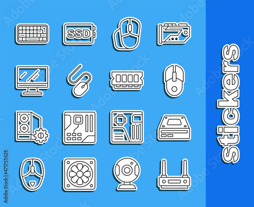 Set line Router and wi-fi signal, Optical disc drive, Computer mouse, monitor screen, Keyboard and RAM, random access memory icon. Vector