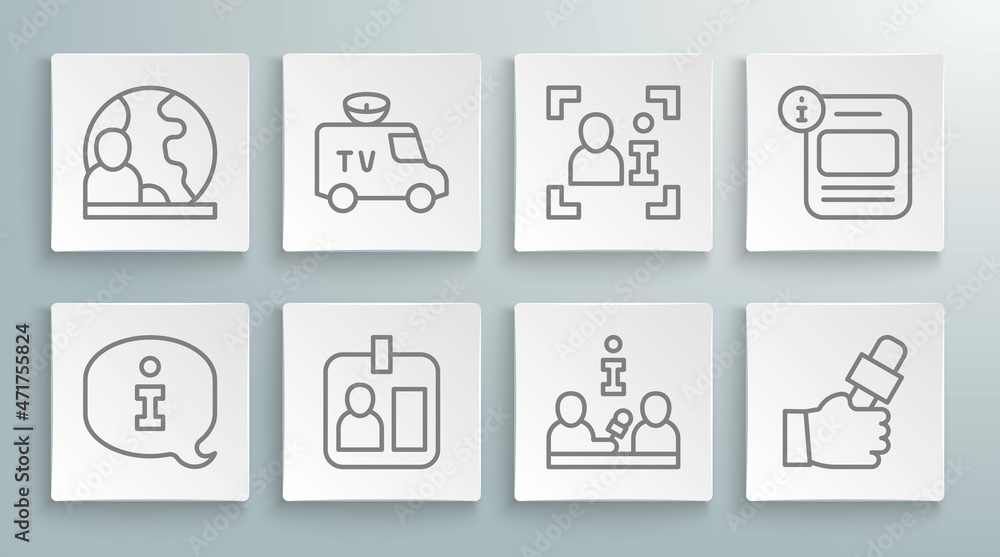 Set line Information, TV News car, Journalist id card, Interview, news, Television report, and World icon. Vector Set line Information, TV News car, Journalist id card, Interview, news, Television report, and World icon. Vector