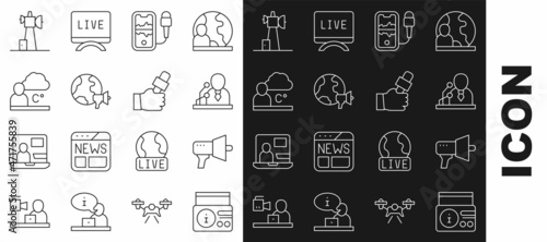 Set line News on radio channel, Megaphone, Breaking news, Mobile recording, World, Weather forecast, Antenna and Journalist icon. Vector