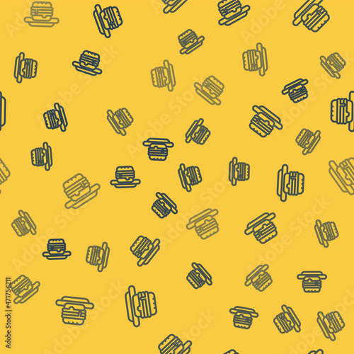 Blue line Junk food icon isolated seamless pattern on yellow background. Prohibited hot dog. No Fast food sign. Vector