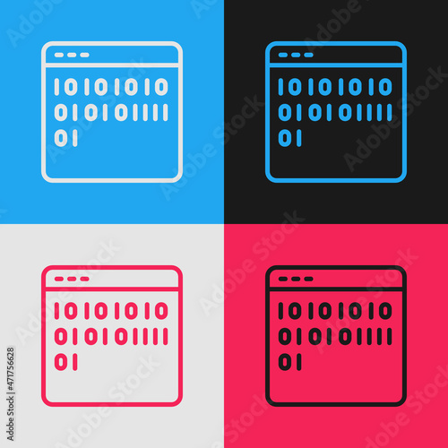 Pop art line Binary code icon isolated on color background. Vector