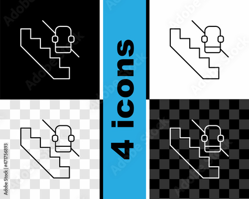 Set line Disabled access elevator lift escalator icon isolated on black and white, transparent background. Movable mechanical chair platform for handicapped human. Vector