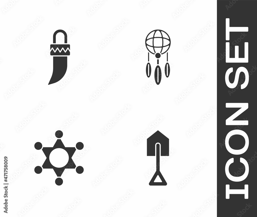 Set Shovel, Tooth, Hexagram sheriff and Dream catcher with feathers icon. Vector Set Shovel, Tooth, Hexagram sheriff and Dream catcher with feathers icon. Vector