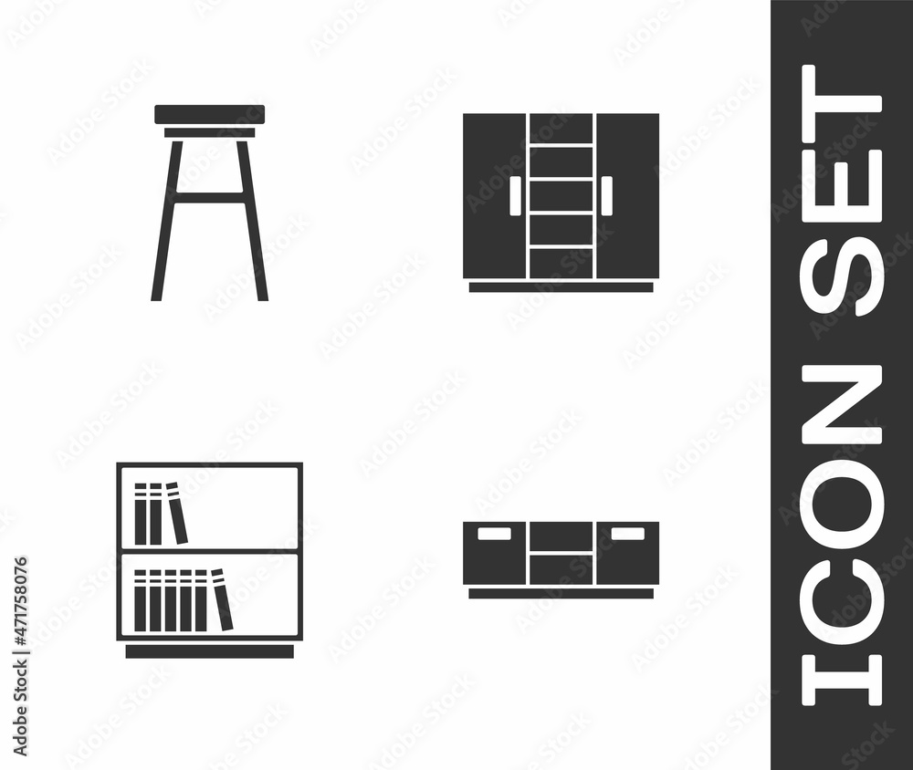 Set Furniture nightstand, Chair, Library bookshelf and Wardrobe icon. Vector Set Furniture nightstand, Chair, Library bookshelf and Wardrobe icon. Vector