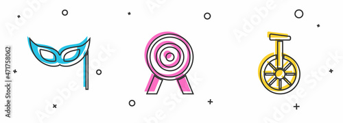 Set Festive mask, Target and Unicycle or one wheel bicycle icon. Vector