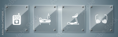 Set Blind glasses, Treadmill machine, Patient with broken leg and Press the SOS button. Square glass panels. Vector