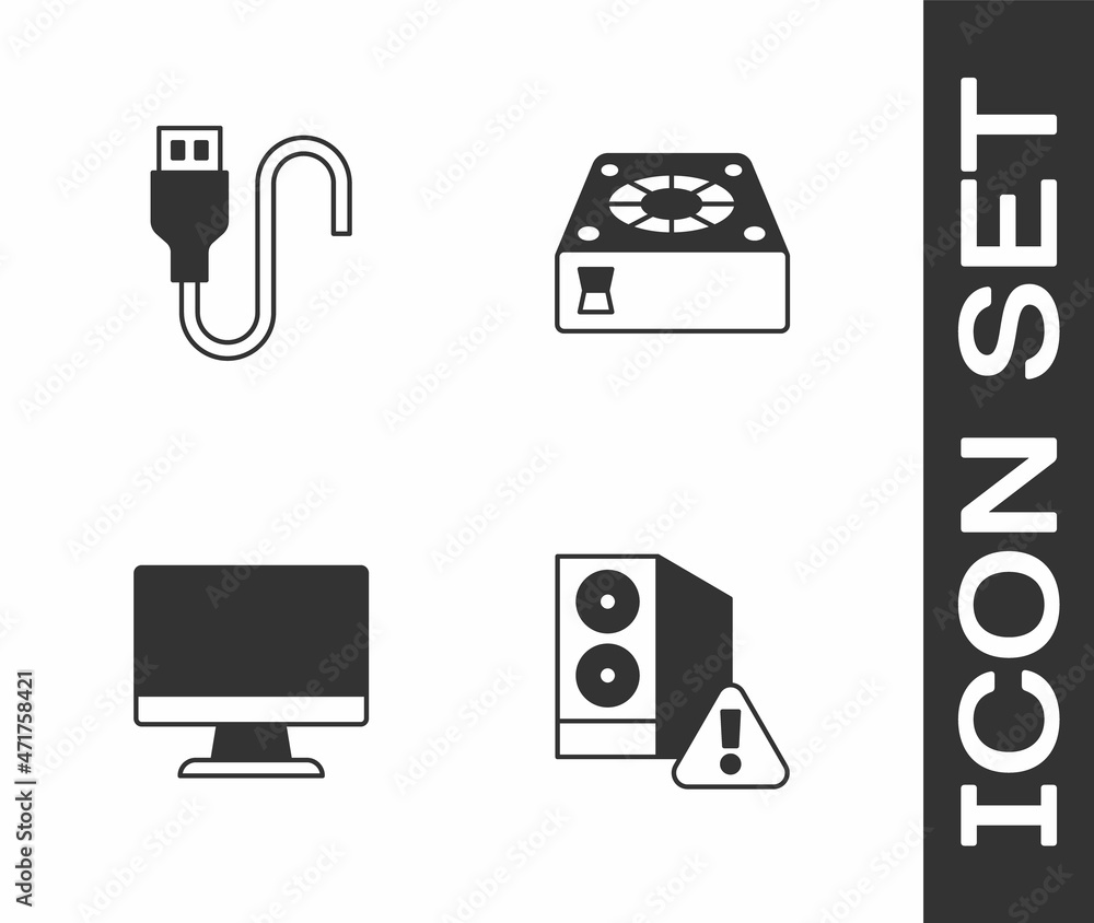 Set Case of computer, USB cable cord, Computer monitor screen and cooler icon. Vector Set Case of computer, USB cable cord, Computer monitor screen and cooler icon. Vector