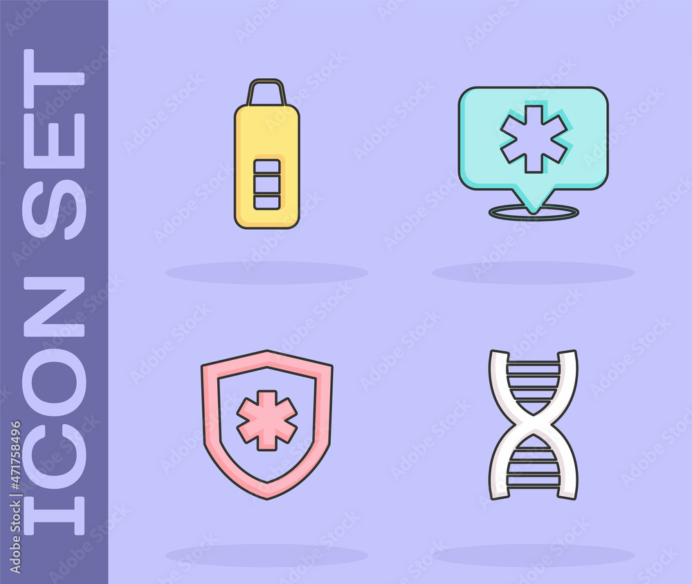 Set DNA symbol, Digital thermometer, Life insurance and Location hospital icon. Vector Set DNA symbol, Digital thermometer, Life insurance and Location hospital icon. Vector