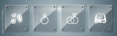 Set Electronic jewelry scales, Wedding rings, Diamond engagement and Gem stone. Square glass panels. Vector