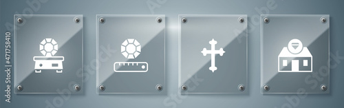 Set Jewelry store, Christian cross, Gem stone and . Square glass panels. Vector