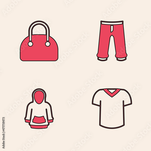 Set T-shirt  Handbag  Pants and Hoodie icon. Vector
