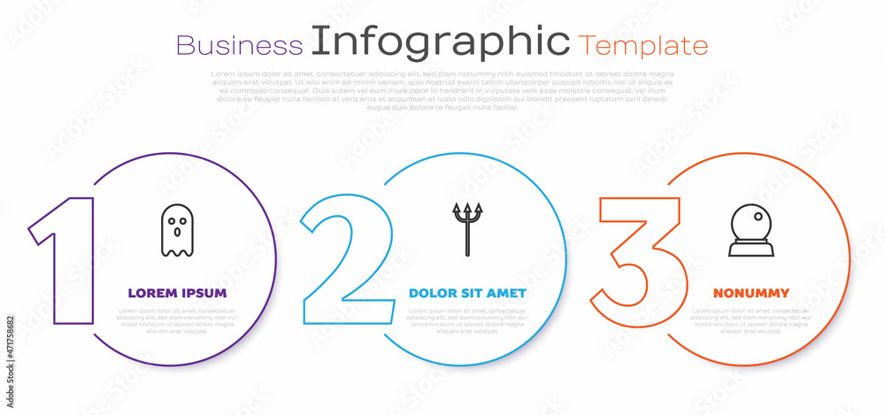 Set line Ghost, Neptune Trident and Magic ball. Business infographic template. Vector Set line Ghost, Neptune Trident and Magic ball. Business infographic template. Vector