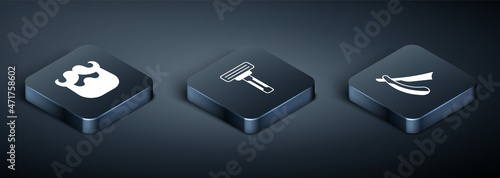 Set Isometric Mustache and beard, Straight razor and Shaving icon. Vector