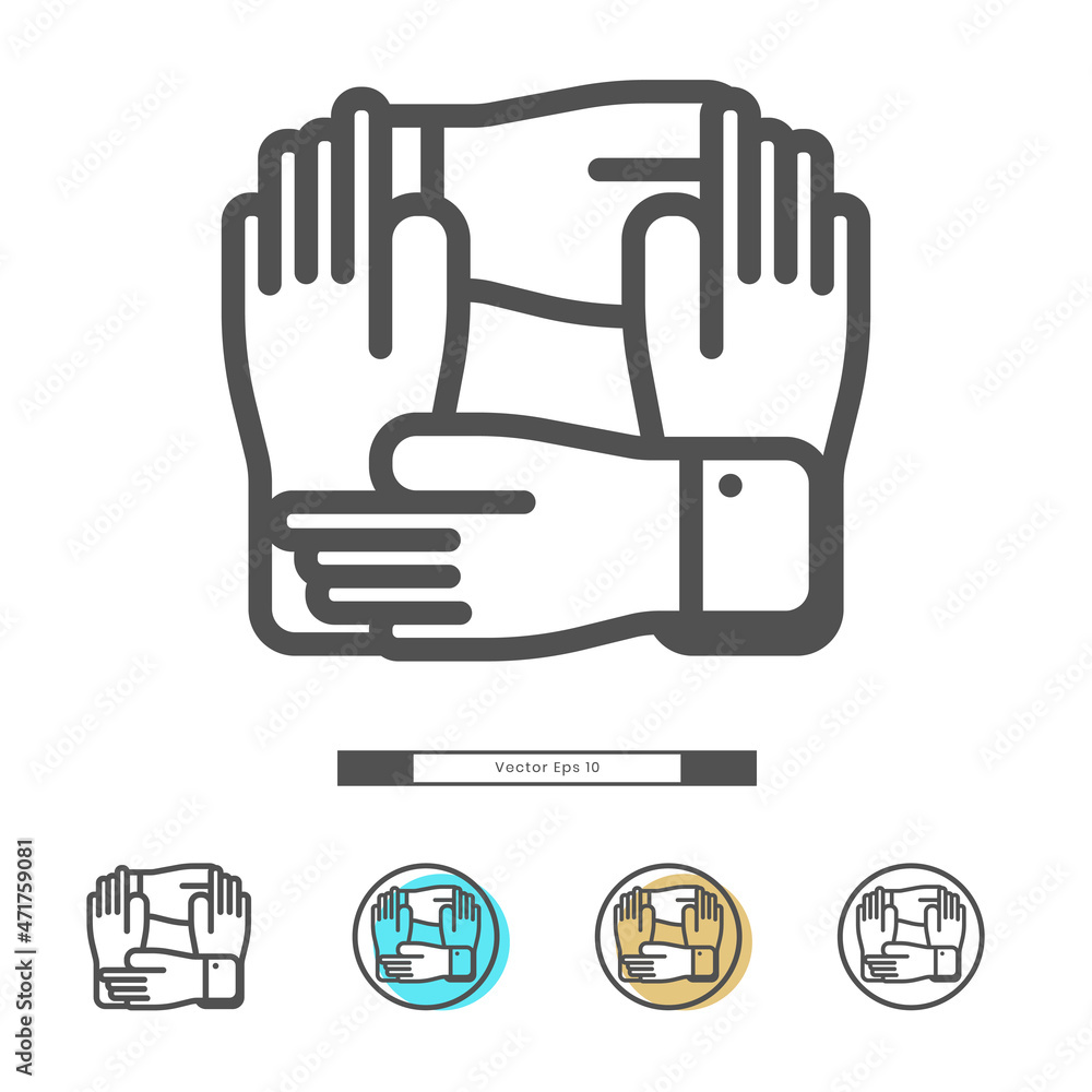 Four hands shake for teamwork or team work icon Four hands shake for teamwork or team work icon