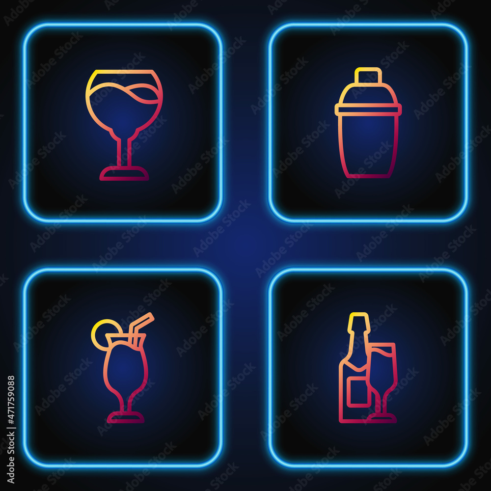 Set line Champagne bottle and glass, Cocktail, Wine and shaker. Gradient color icons. Vector Set line Champagne bottle and glass, Cocktail, Wine and shaker. Gradient color icons. Vector