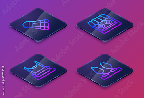 Set Isometric line Badminton shuttlecock, Bungee, Shooting gallery and Forest. Blue square button. Vector