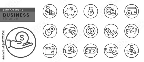 Rounded a money or currency line art vector icons, such as, moneybags, wallet ,etc