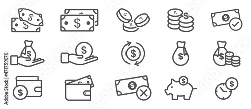 Set of money or currency line art vector icons, such as, moneybags, wallet ,etc
