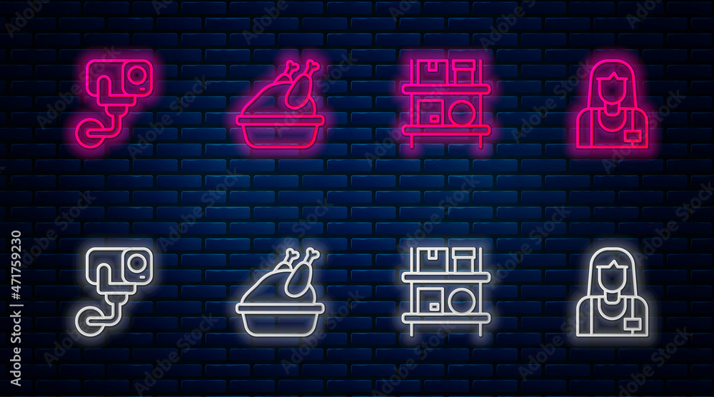 Set line Roasted turkey or chicken, Warehouse interior with boxes, Security camera and Seller. Glowing neon icon on brick wall. Vector Set line Roasted turkey or chicken, Warehouse interior with boxes, Security camera and Seller. Glowing neon icon on brick wall. Vector