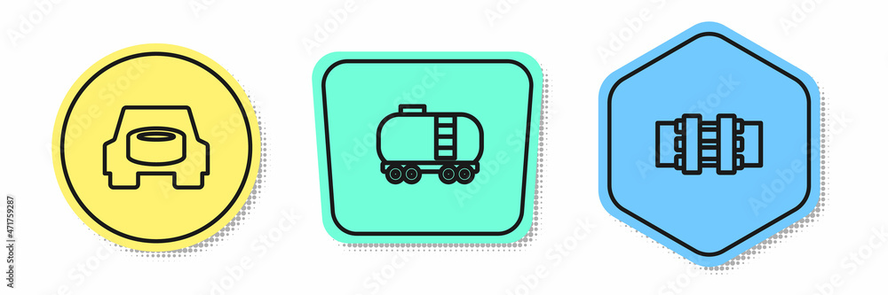 Set line Spare wheel in the car, Oil railway cistern and Metallic pipes and valve. Colored shapes. Vector Set line Spare wheel in the car, Oil railway cistern and Metallic pipes and valve. Colored shapes. Vector