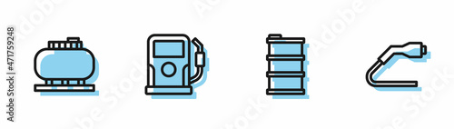 Set line Barrel oil, Oil tank storage, Petrol gas station and Electrical cable plug charging icon. Vector