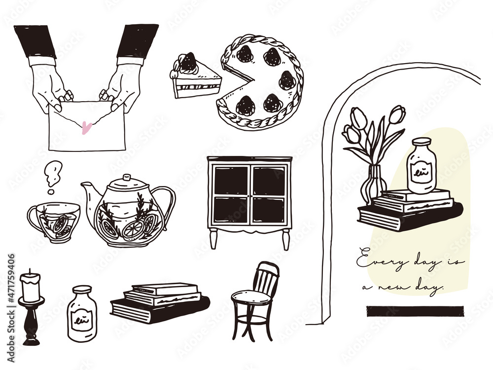 白黒 モノトーン 線画のイラスト 手書き インテリア 雑誌 カフェ ケーキ ラブレター 告白 Illustrations Of Black And White Monotone And Line Drawings Handwritten Interior Cafe Cake Love Letter Stock Vector Adobe Stock