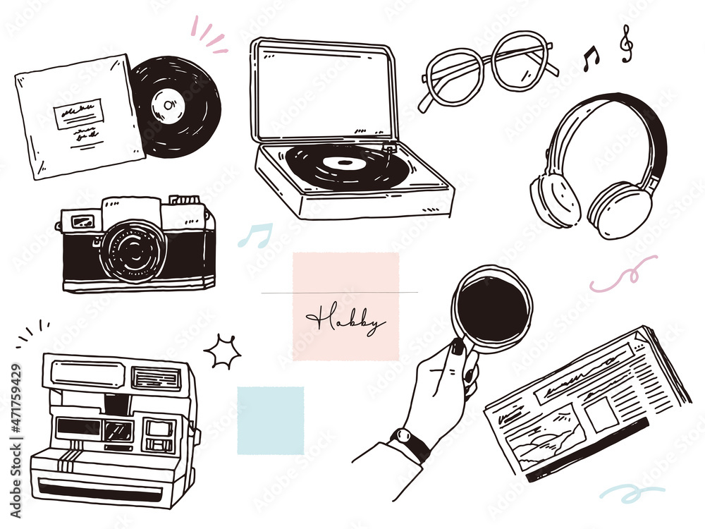 白黒 モノトーン 線画のイラスト 手書き オシャレ 音楽 ポラロイド カフェ 英字新聞 カメラ レコード Illustrations Of Black And White Monotone And Line Drawings Handwritten Polaroid Camera Record Vektornyj Obekt Stock Adobe Stock