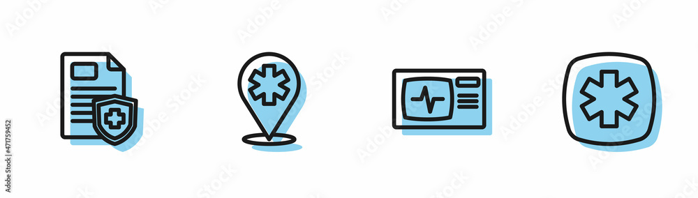 Obraz premium Set line Monitor with cardiogram, Patient record, Location hospital and Emergency - Star of Life icon. Vector