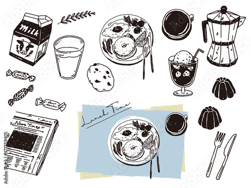 白黒、モノトーン、線画のイラスト(手書き、ミルク、カフェ、ランチ、コーヒー、デザート) Black-and-white, monotone, and line drawing illustrations.Handwritten, milk, cafe, lunch, coffee, dessert.