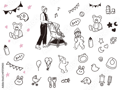 白黒、モノトーン、線画のイラスト(手書き、子供、ベビー、親子、ファッション、ベビーカー、赤ちゃん、可愛い、おもちゃ) Illustrations of black and white, monotone, and line drawings.Handwriting, children, parents and children, babies, cute toys.