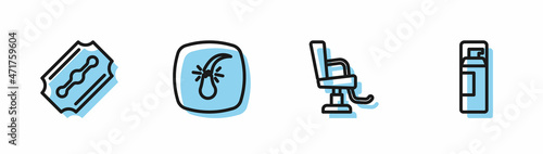 Set line Barbershop chair, Blade razor, Broken follicle and Shaving gel foam icon. Vector