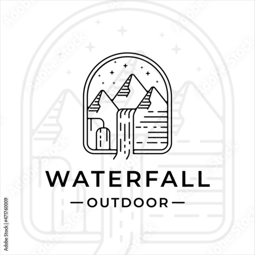 waterfall outdoor logo line art vector illustration template icon graphic design. simple minimalist of nature and adventure logo with badge emblem