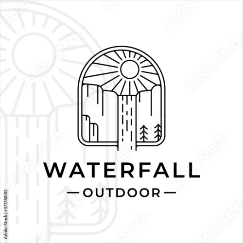 waterfall outdoor logo line art vector illustration template icon graphic design. simple minimalist of nature and adventure logo with badge emblem