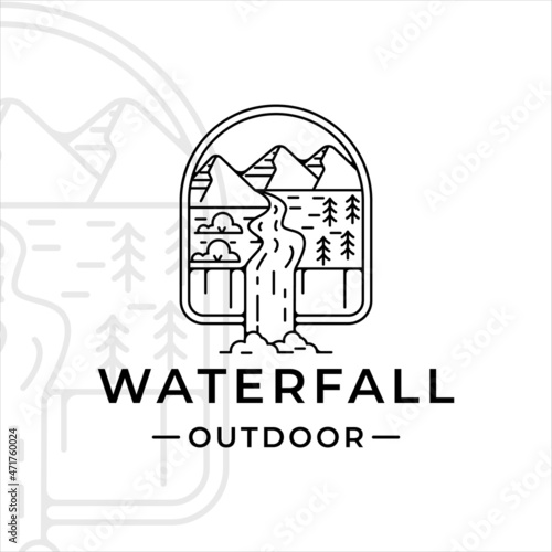 waterfall outdoor logo line art vector illustration template icon graphic design. simple minimalist of nature and adventure logo with badge emblem