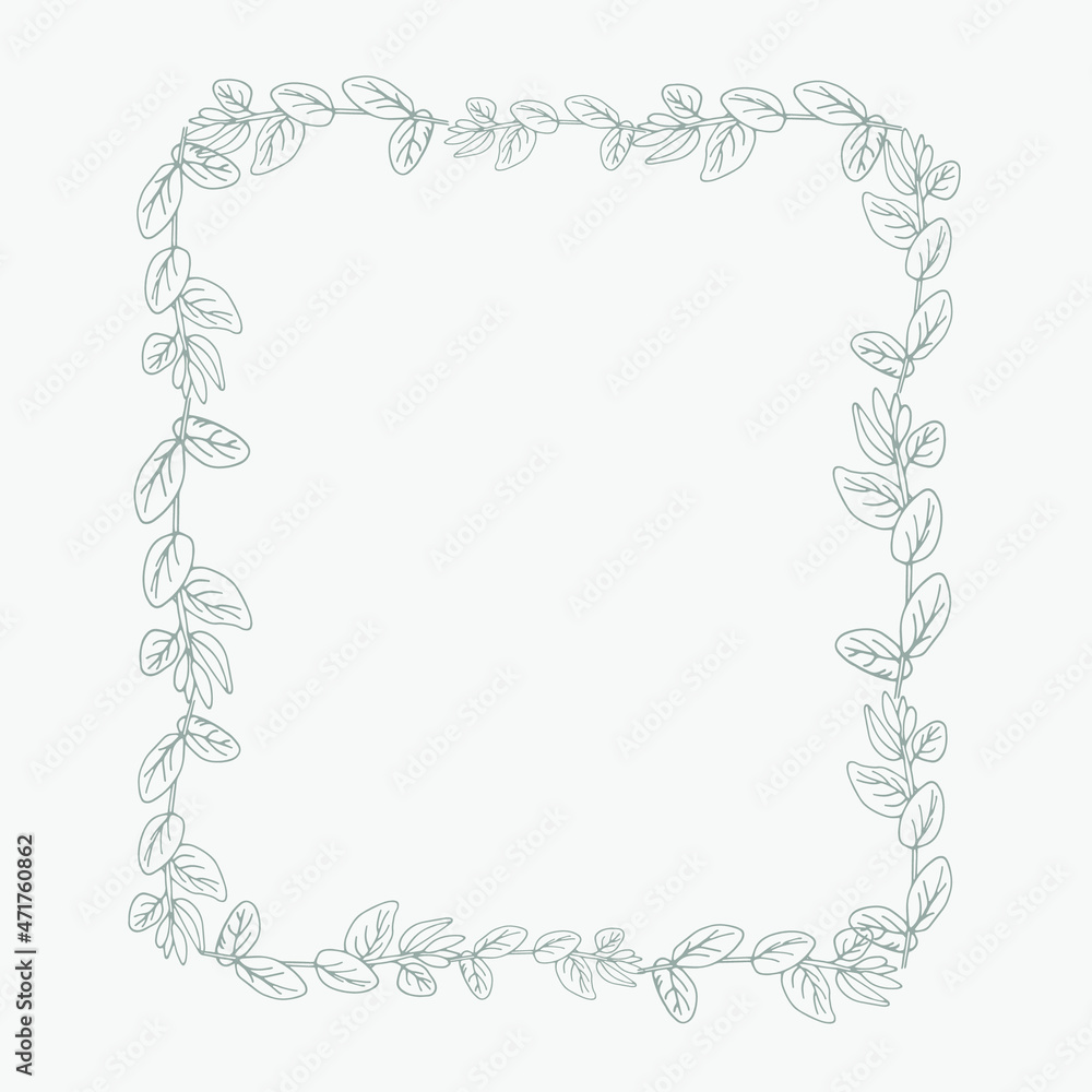 Silver floral rectangular frame decorated with hand drawn delicate eucalyptus branches. Vector isolated. Silver floral rectangular frame decorated with hand drawn delicate eucalyptus branches. Vector isolated.