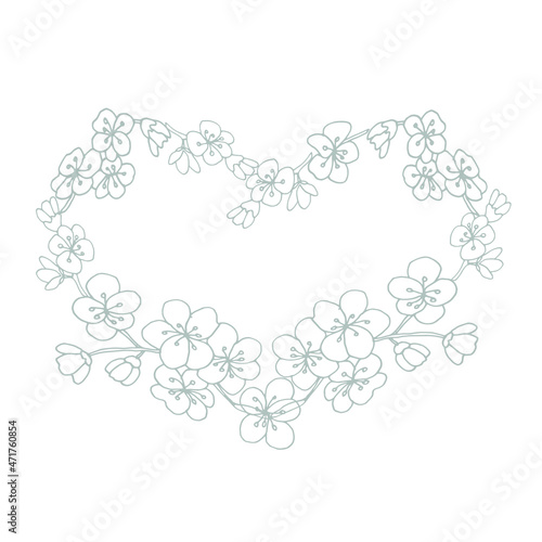 Floral Heart Silver Frame. Delicate Invitation design with Sakura. Vintage Template. Vector illustration. 